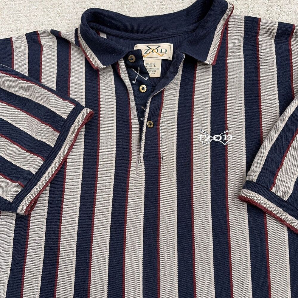 Vintage IZOD Golf Polo Shirt Men’s L Vertical Striped Navy Grey Stitched Logo